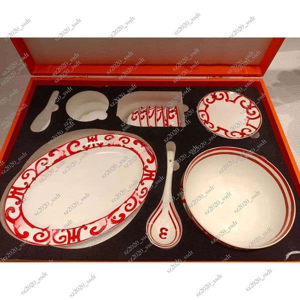 Bone china bowl, plate, tableware set, box packaging, home gift designer tableware set, 28 pieces in red-200152