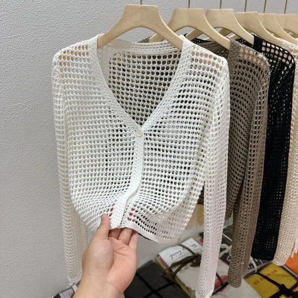 Hollow Mesh Ice Silk Sunscreen Jacket for Womens Summer Long Sleeved Outerwear with Small Shawl Knitted Cardigan 251027