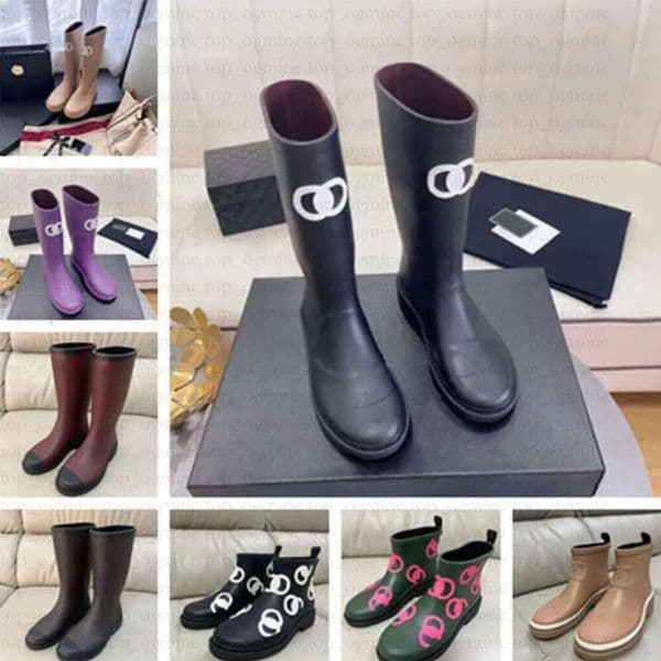 Brand Designer Quality Womens Rubber Rain Boots High Thick Sole Ankle Booties Winter Square Round Toe Women Black White Dark Beige Cauchoque Khaki Shoes