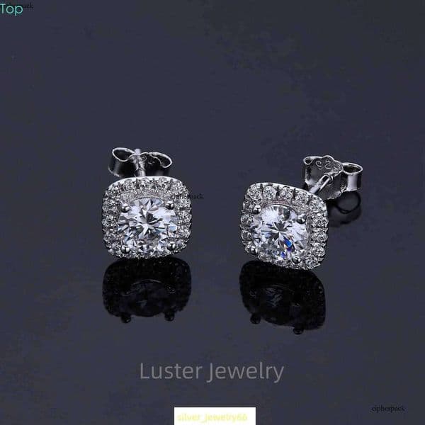 Luster Womens S Sterling Sier Dia Stud 0.5ct D White Round Moissanite Halo Earrings