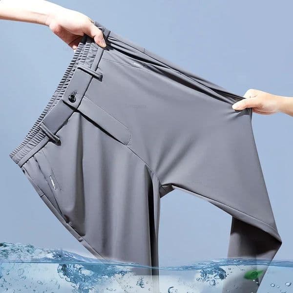 Ultra-thin Elastic Mens Casual Trousers Summer Quick-drying Ice Silk Slim Straight Business Solid Color Trousers Black Gray 260527
