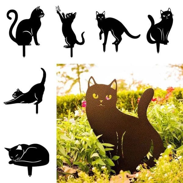 Iron Art Black Cat Garden Statue Silhouette Sculpture Outdoor Backyard Decoration Weatherproof Figurine Yard 251028