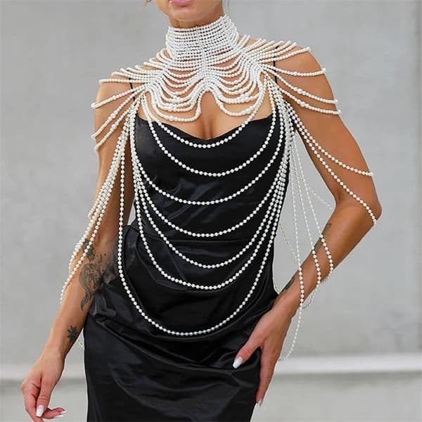 Women Pearl Shawl Necklaces Body Chain Sexy Beaded Collar Shoulder Pearl Bra Top Sweater Chain Wedding Dress Body Jewelry 251028