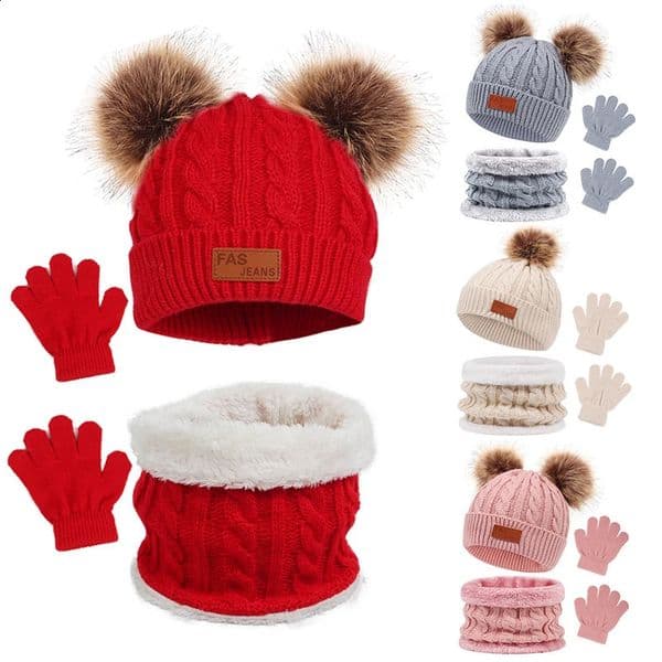 Christmas Baby Winter Hat Scarf Gloves Set Fur Ball Children Knitted Beanie Hat for Girls Boys Infant Bonnet Kids Cap 15Y 251024BJ
