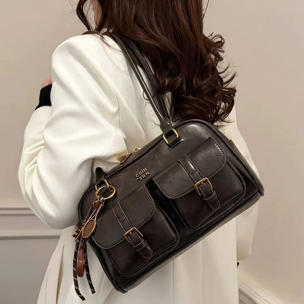 Womens Coffee Brown MultiPocket Handbag Shoulder Bag Stylish Versatile Letter Crossbody Purse for Travel Work Shopping Dates 251028