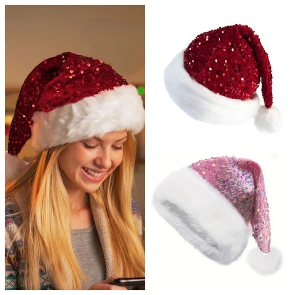 DoubleLayer Sequin Christmas Hat Plush Santa Claus Hat With Long Fluffy Pompom Adults And Kids Christmas Party Decoration 251028