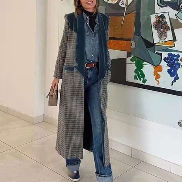 2025 autumn new women's clothing fashionable temperament versatile long plaid splicing woolen long sleeved coat