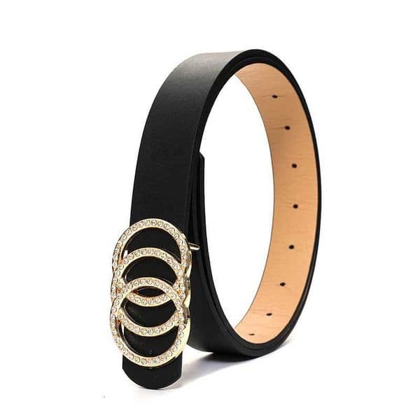 Fashionable Women's PU Leather Belt Featuring Glittering Rhinestones & Triple Buckles |