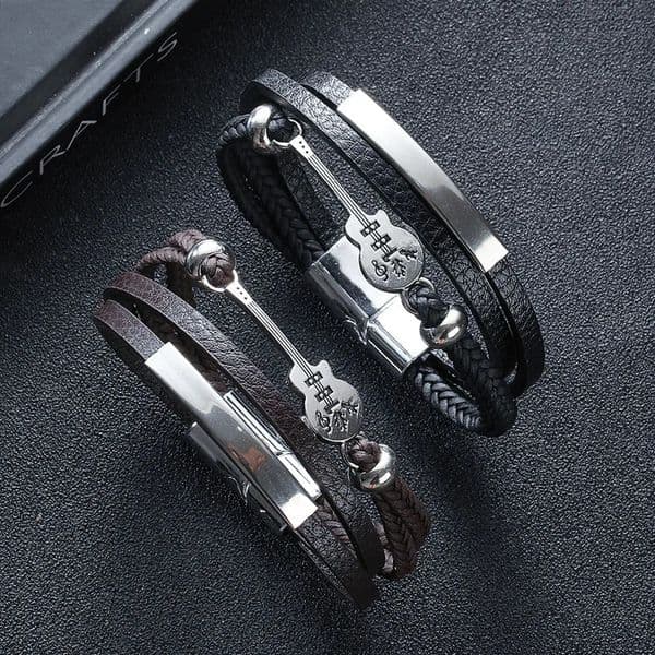 Hiphop Punk Leather Braided Bracelet Bangle for Men Cool Guitar Charm Wrap Braclets Layered Wristband Mens Lucky Hand Jewelry 251020