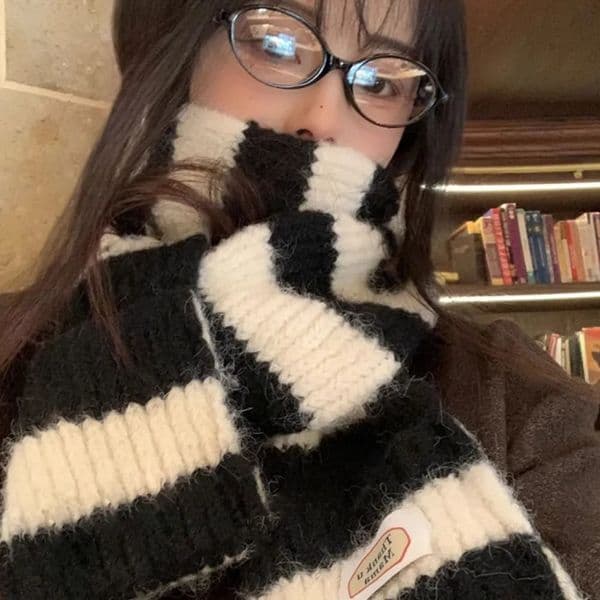 Y2K Black White Striped Knitted Wool Scarf Women Winter Retro Scarf Fashion Korean Thin Narrow Long Scarf Thicken Neckerchief 251029