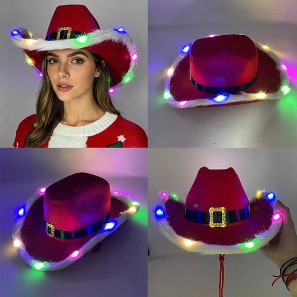 Fashion Santa Claus Christmas Luminous Cowboy Hat Dance Costume Glowing Cowgirl Cap For Xmas Neon NightClub hat props 251028