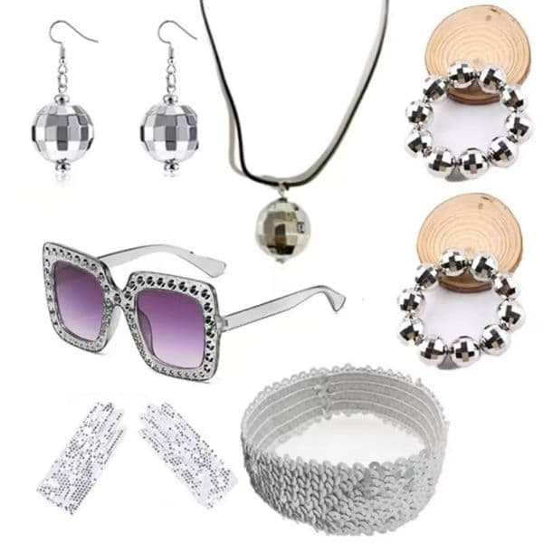 A collection of 6 disco accessories: mirror ball earrings, necklaces, bracelets, sunglasses, and sequined belts. Suitable for stage performances and women's gifts