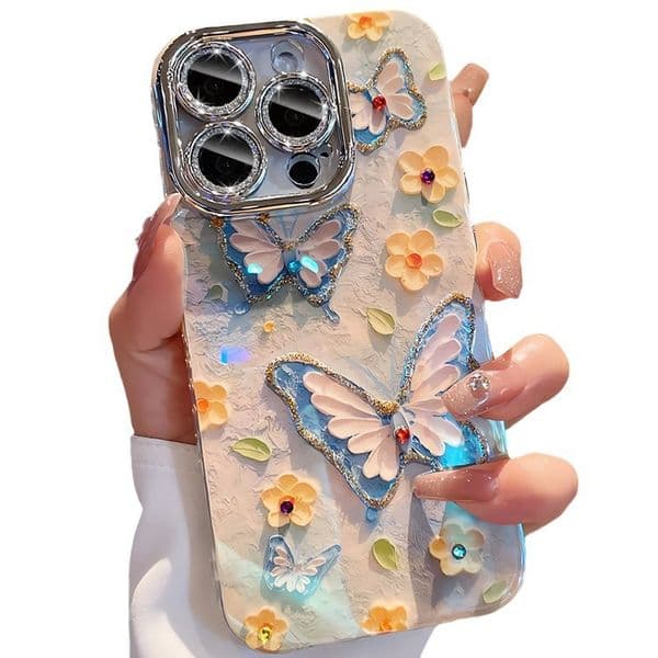 New Ins Style Oil Painting Butterfly Glitter Laser Shockproof Film Phone Case for iPhone 11 12 13 14 15 16 17 Pro Max Plus