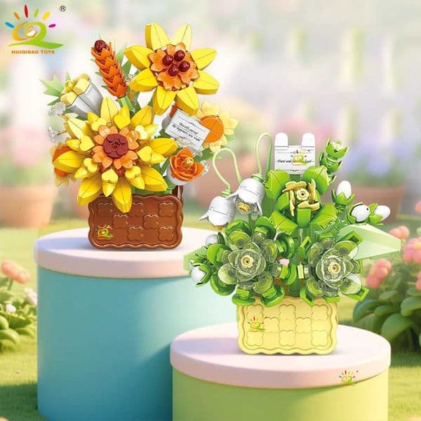 HUIQIBAO MOC Mini Flower with Vase Model Micro Building Block Eternal Bouquet Home Desk Plant Decor Brick Girl Children Toy X2510291