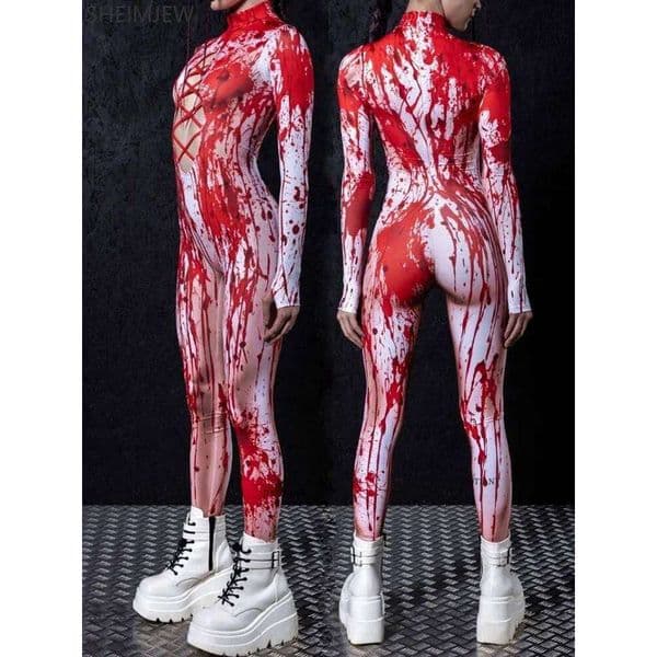 New Hollow Halloween Horror Blood Party Cosplay Mermaid Feather Sexy Carnival Costume Yoga Clothe Zentai Tight Jumpsuit