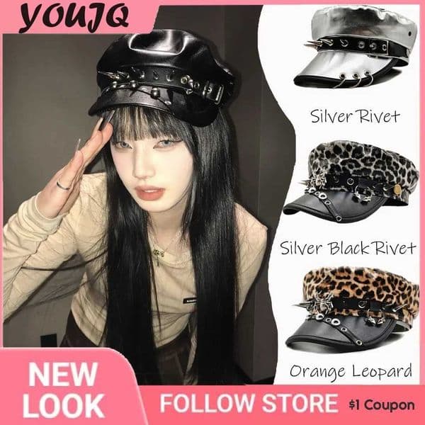 Y2K Wasteland Style Trendy Leopard Rivet Beret Pu Leather Flat Top Captain Military Caps Womens Accessories Boin