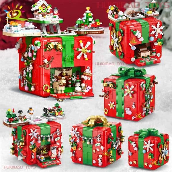 HUIQIBAO Christmas Gift Surprise Mechanism Box Model Building Block DIY Elk Snowman Bricks Ornament Toys for Children Adult X251029