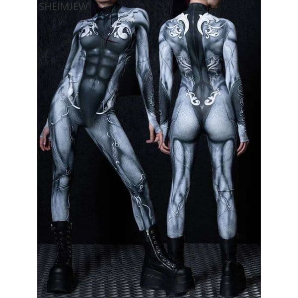 Halloween Cosplay Cyberpunk Muscle Monster Lizard Scale Armor Costume Adult Rave Party Show Zentai Print Bodysuit 2025