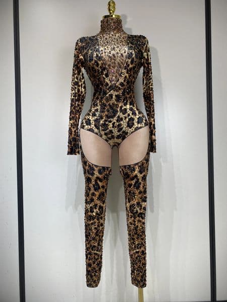 Women Stretch Leopard Print Sexy Bodycon Jumpsuit Bar Nightclub Singer Dancer y Diamond Stage Performance Outfit 251027