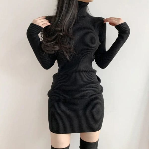Women Autumn Winter Turtleneck Warm Bodycon Dress Long Sleeve Knit Solid Office Pullover Sexy Mini Dress for Ladies 2025 251029