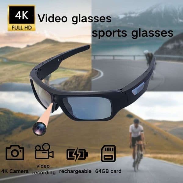 4K HD Outdoor Camera Video Smart Glasses, Cycling Recorder Camera, USB Charging, Lithium Polymer Battery, 180 Minutes Battery Life, 64Gb Memory, Suitable For