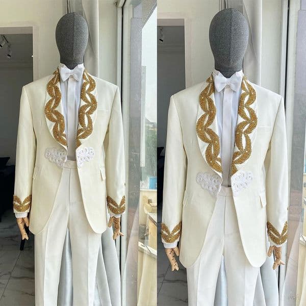 Fashion Men's Suit 2 Pieces Set Jacket Tailor-Made Groom Shawl Lapel Beading Blazer One Button Prom Evening Party Customized Coat Pants Plus Size