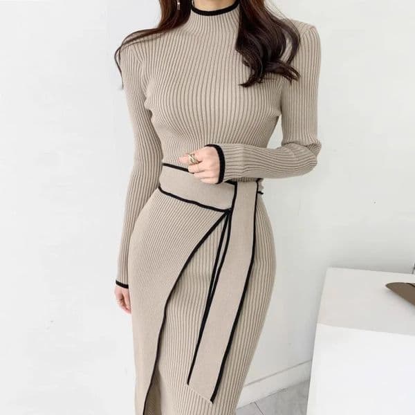 YuooMuoo Elegant Lace Up Turtleneck Knitted Long Dress Korean Fashion Khaki Black Rib Bandage Bodycon Sweater Robe Femme 251030
