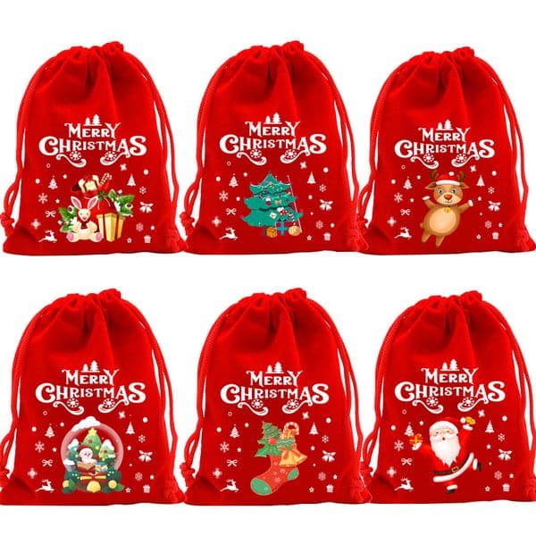 Red Green Xmas Veet Small Candy Gift Bag Drawstring Pouch Christmas Party Favor Boutique Jewelry Packaging Bags