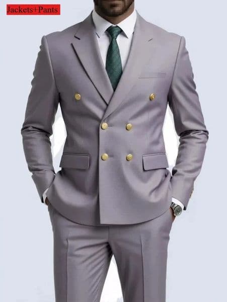 Double Breasted Light Gray Suit Men Wedding Prom Party Business Groom Tuxedo BlazerPant 251030