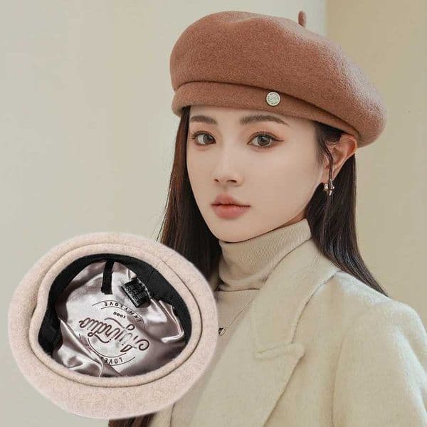 Luxury Satin Lined Wool Berets for Women Autumn Winter Retro French Artist Beanie Cap Solid Color All Math Cashmere Painter HatsT251031