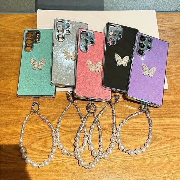 Glitter Hard Cover Pearl Strap Dia Butterfly Women Phone Case for Samsung Galaxy S25 Ultra S23 FE S24 Plus