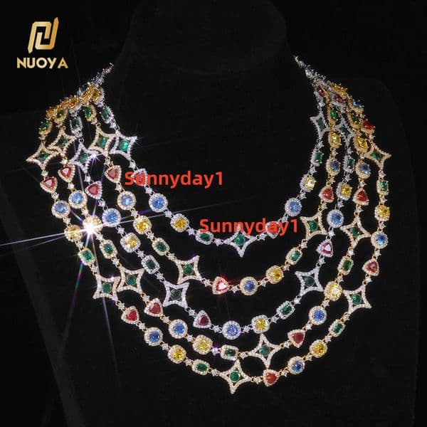 NUOYA Luxury Geometric Link Chain Necklace Colorful Moissanite Stones Colored Gemstone Motif Silver Plated Hip Hop Jewelry