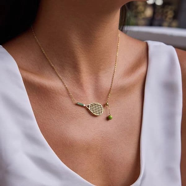 Sporty 18K Gold Stainless Steel Green Tennis Color Tennis Racket Pendant Necklaces