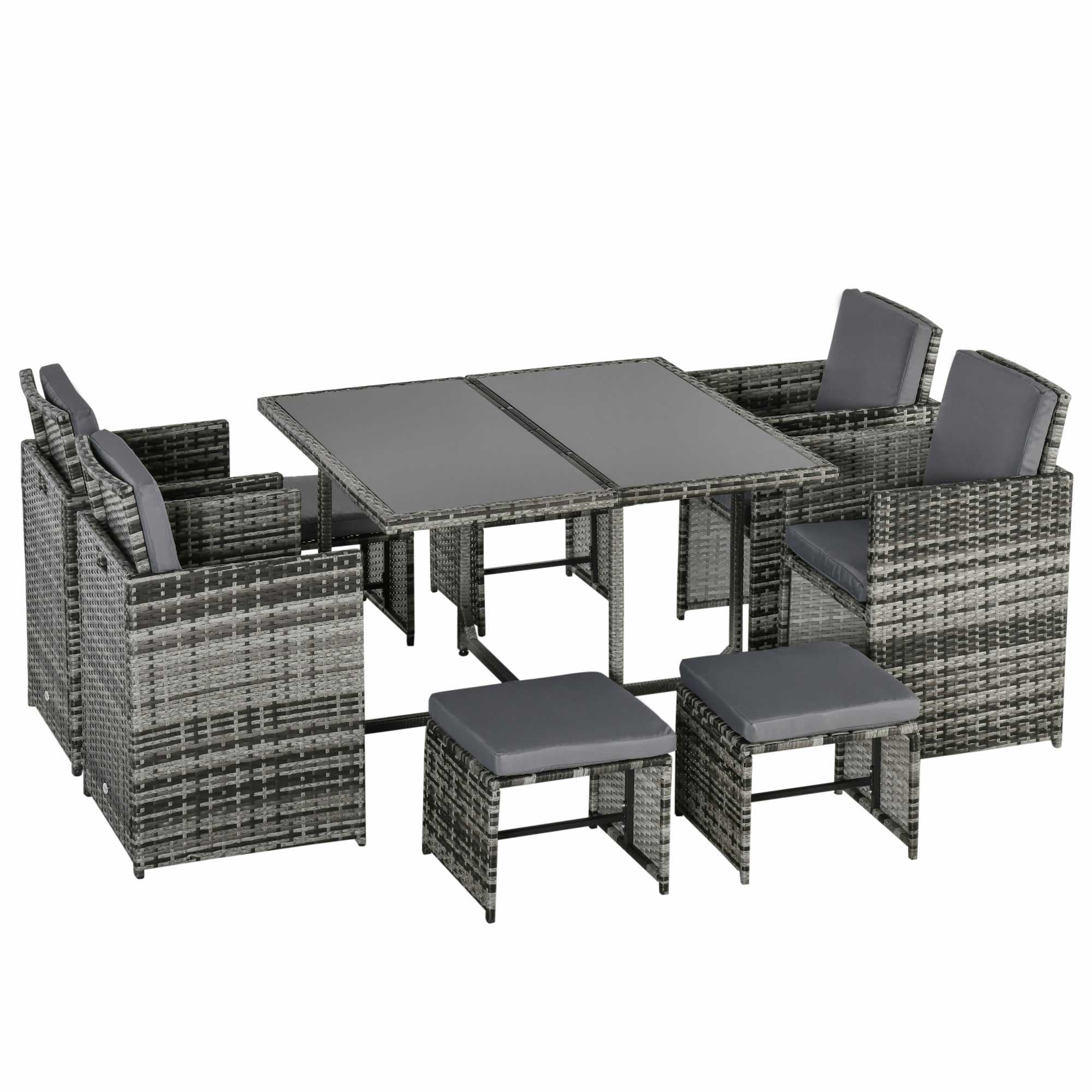 Outsunny 9PC Rattan Dining Set Rattan Garden Furniture with UV Protect, Weave Wicker 8 Seater Stool, Mixed Grey | Aosom UK
