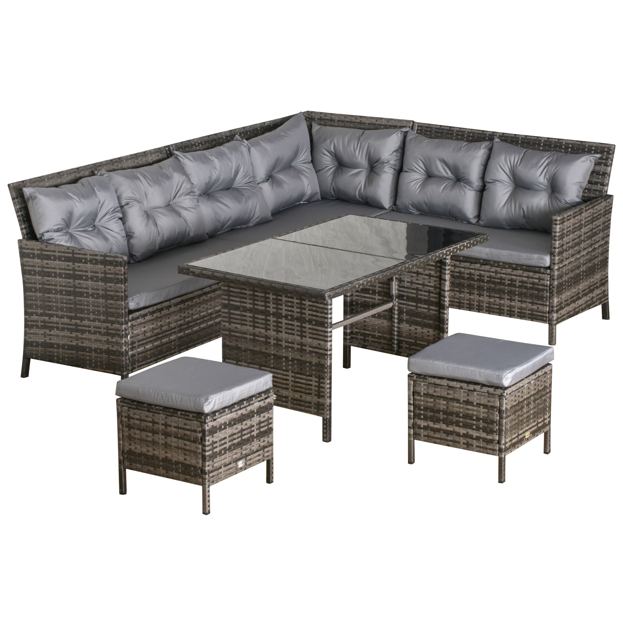 Outsunny 8 Seater Rattan Sofa Set with Thick Cushions, Rattan Garden Furniture Set with Tempered Glass Table and 2 Foot Stool, Grey | Aosom UK