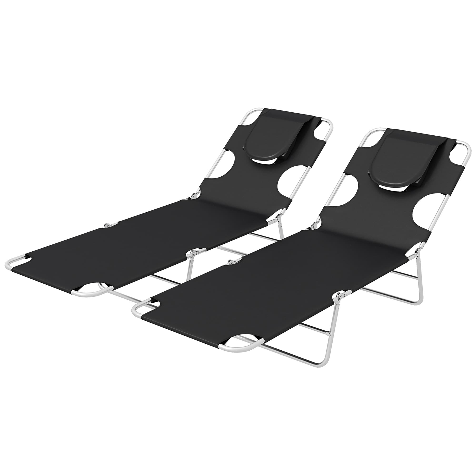Outsunny Foldable Sun Lounger Set of 2, Beach Chaise Lounges w/ Reading Hole, Arm Slots, 5-Position Adjustable Backrest, Side Pocket | Aosom UK