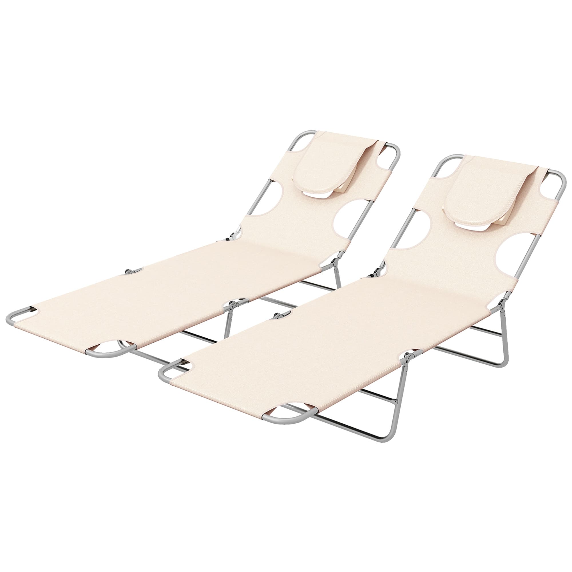 Outsunny Foldable Sun Lounger Set of 2, Beach Chaise Lounges w/ Reading Hole, Arm Slots, 5-Position Adjustable Backrest, Side Pocket | Aosom UK thumbnail 2