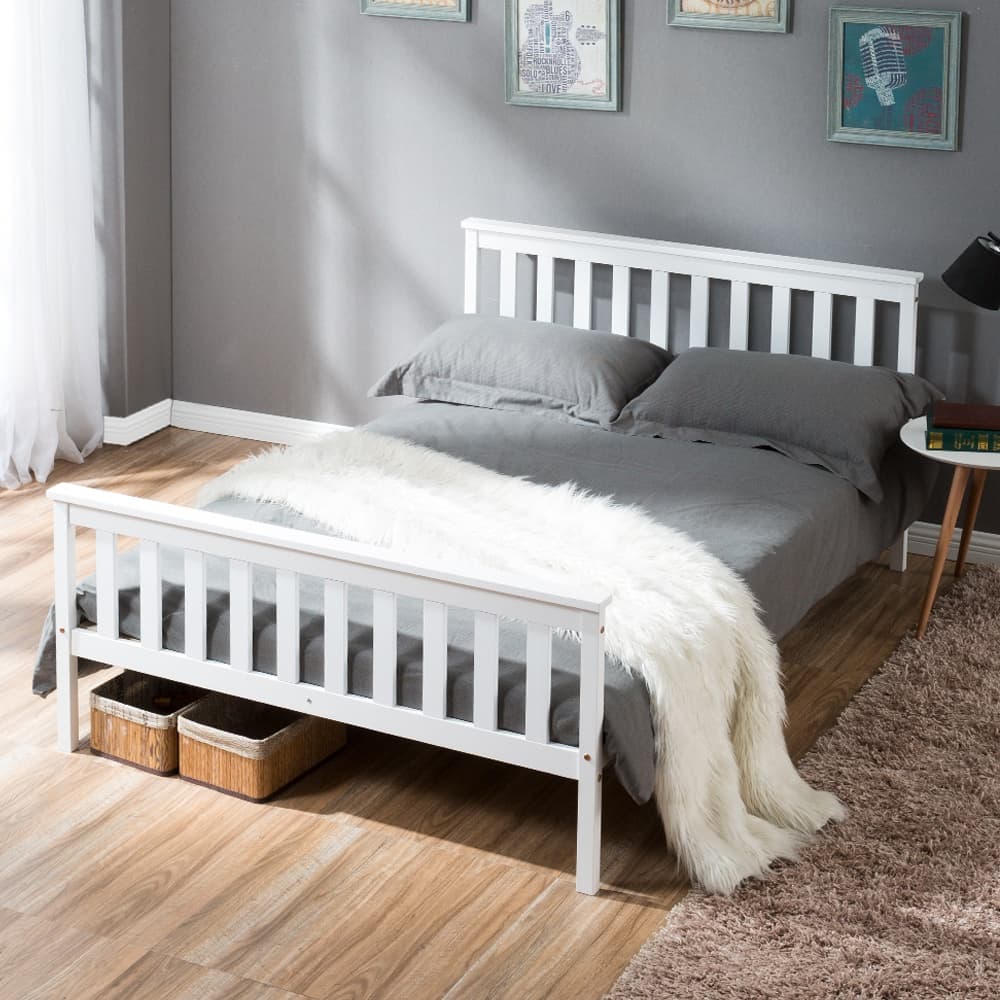 Double Wooden Bed Frame 4ft6 Solid Pine Wood with Eco-Friendly Finish, No Box Spring Required, Kids Double Bed, 198x141x82 cm, White | Aosom UK