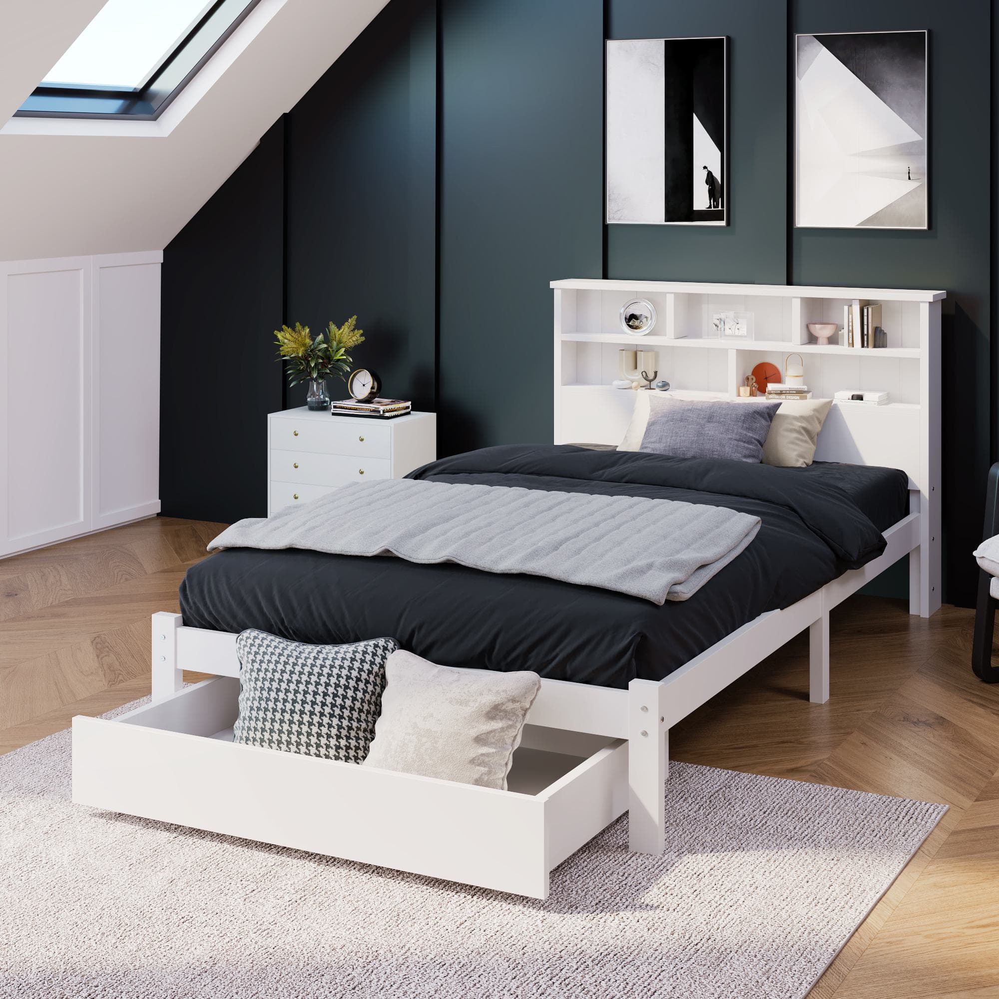 3ft Single Bed with Drawers, Simplicity Single Bed with Under Storage, Balancing Aesthetics and Practicality, White | Aosom UK