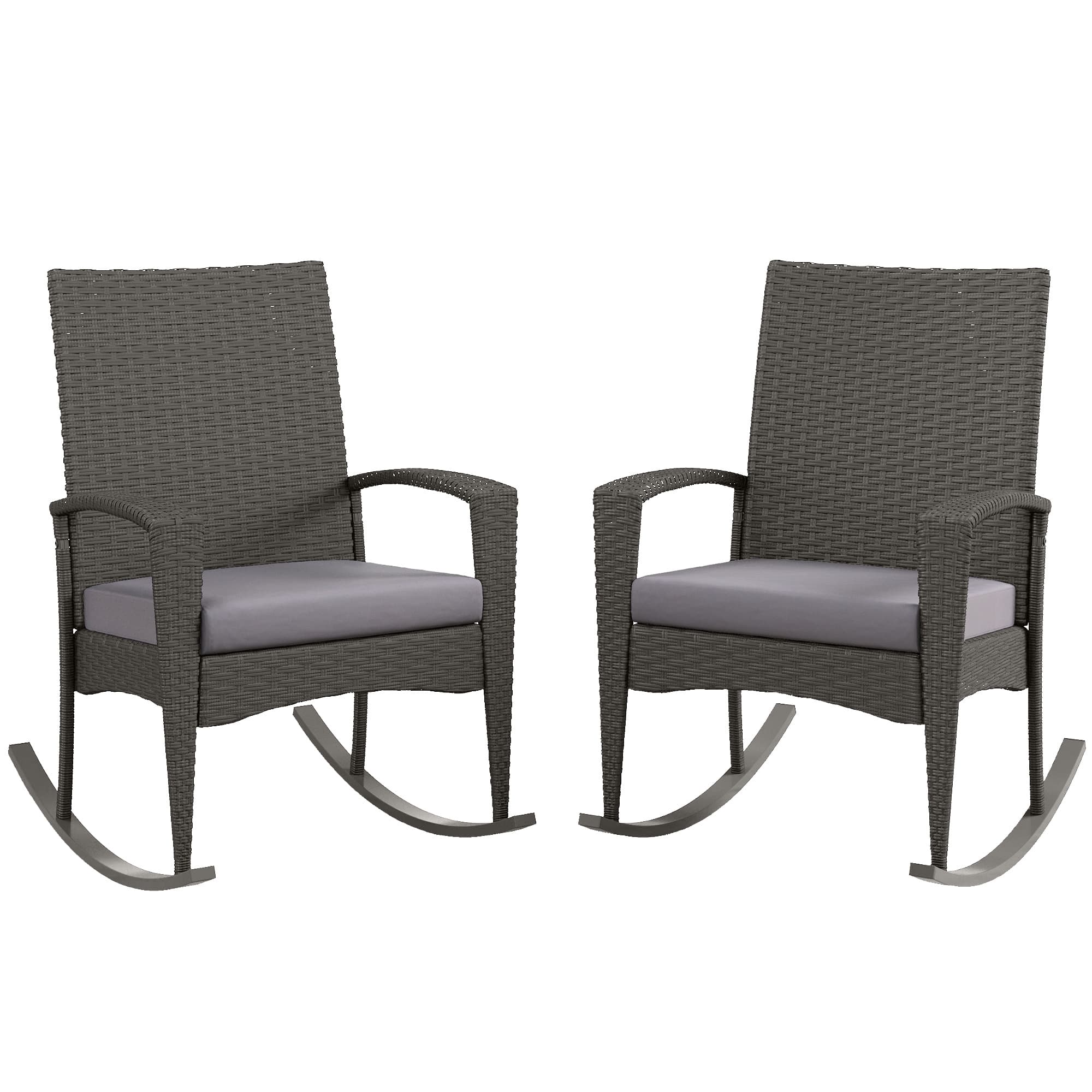 Outsunny Outdoor PE Rattan Rocking Chair Set of 2, Garden Rocking Chair Set with Armrest and Cushion, Grey | Aosom UK