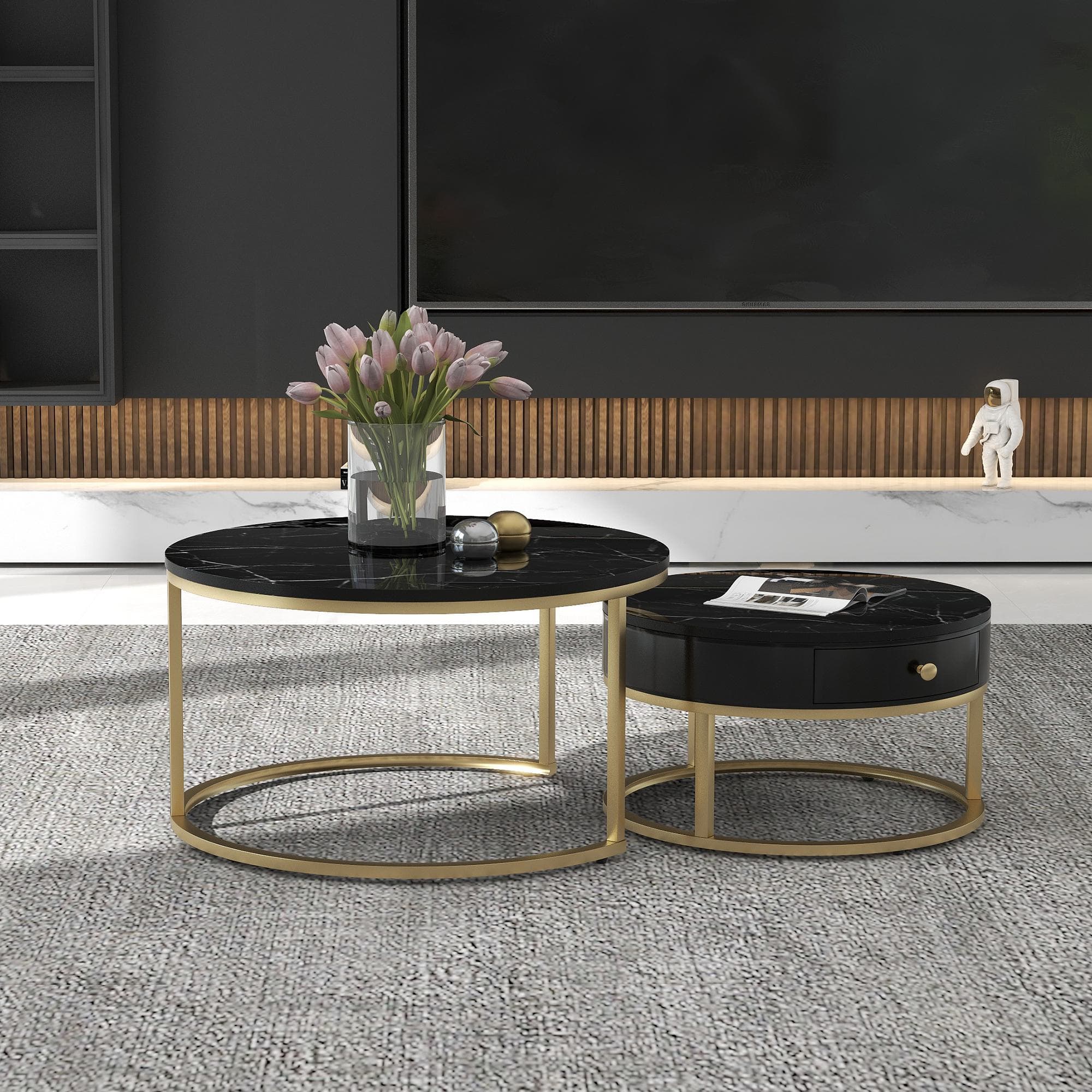 Round Nesting Coffee Tables with Storage Drawer, Gold Metal Frame, Marble Top, Modern Sofa Side Table for Living Room, Bedroom, Black | Aosom.UK