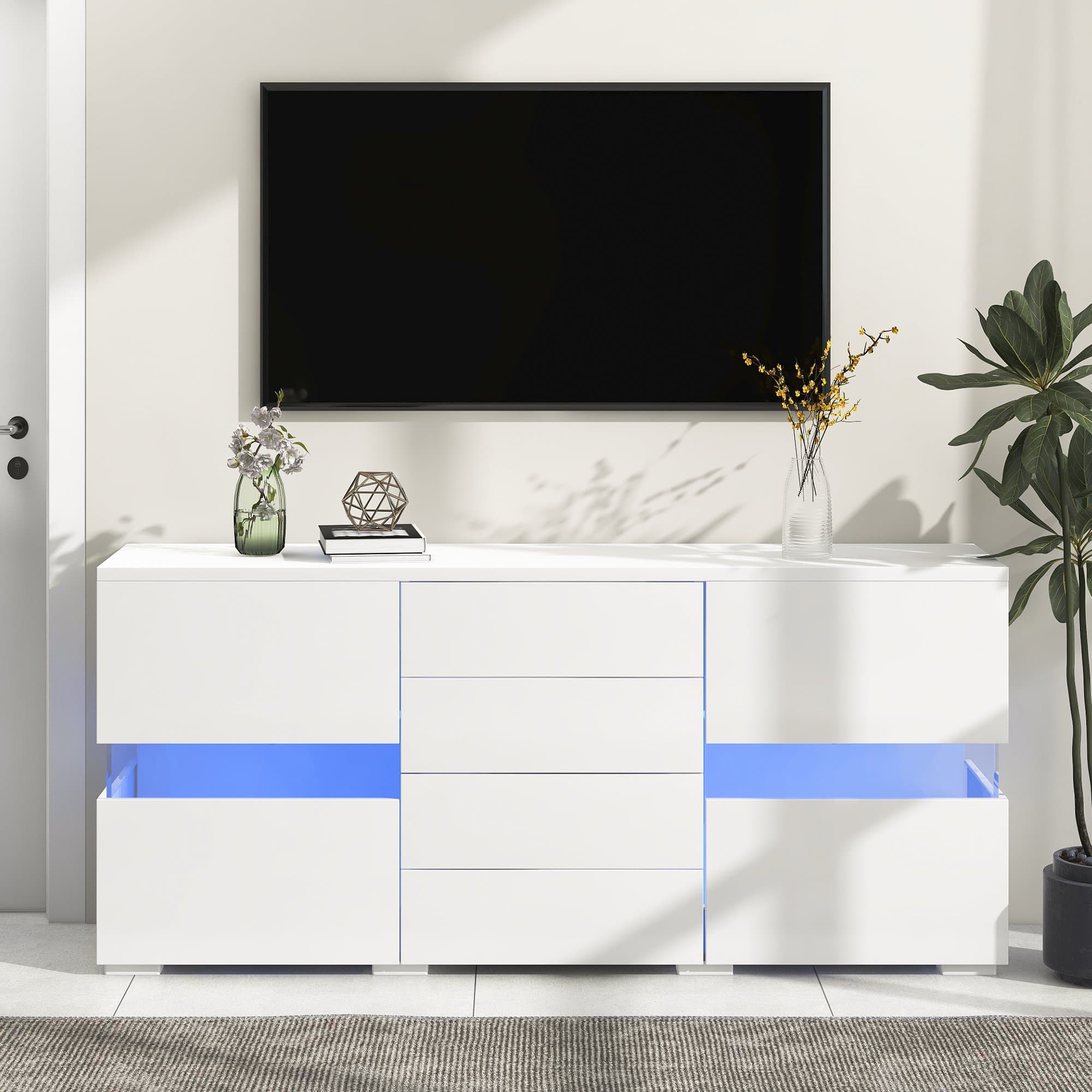 High Gloss Modern Sideboard Cabinet with LED Lights, 2 Doors and 4 Storage Drawers, Chest of Drawers for Living Room, 140x35x72 cm, White | Aosom.UK