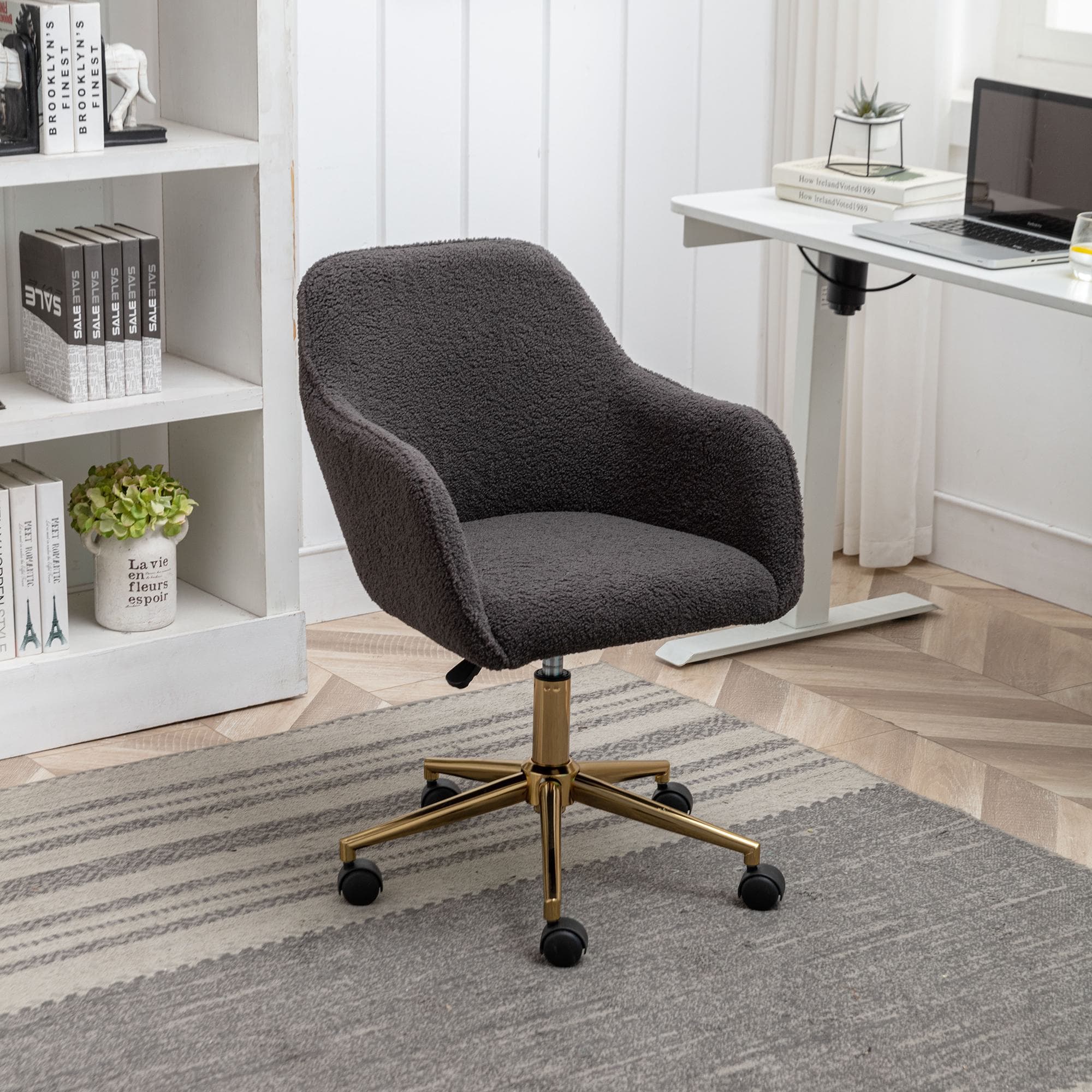 Swivel Executive Office Chair, Adjustable Height, Ergonomic Backrest, Gold Legs, Modern Task Chair with Arms, 58x58x86 cm, Dark Grey | Aosom UK