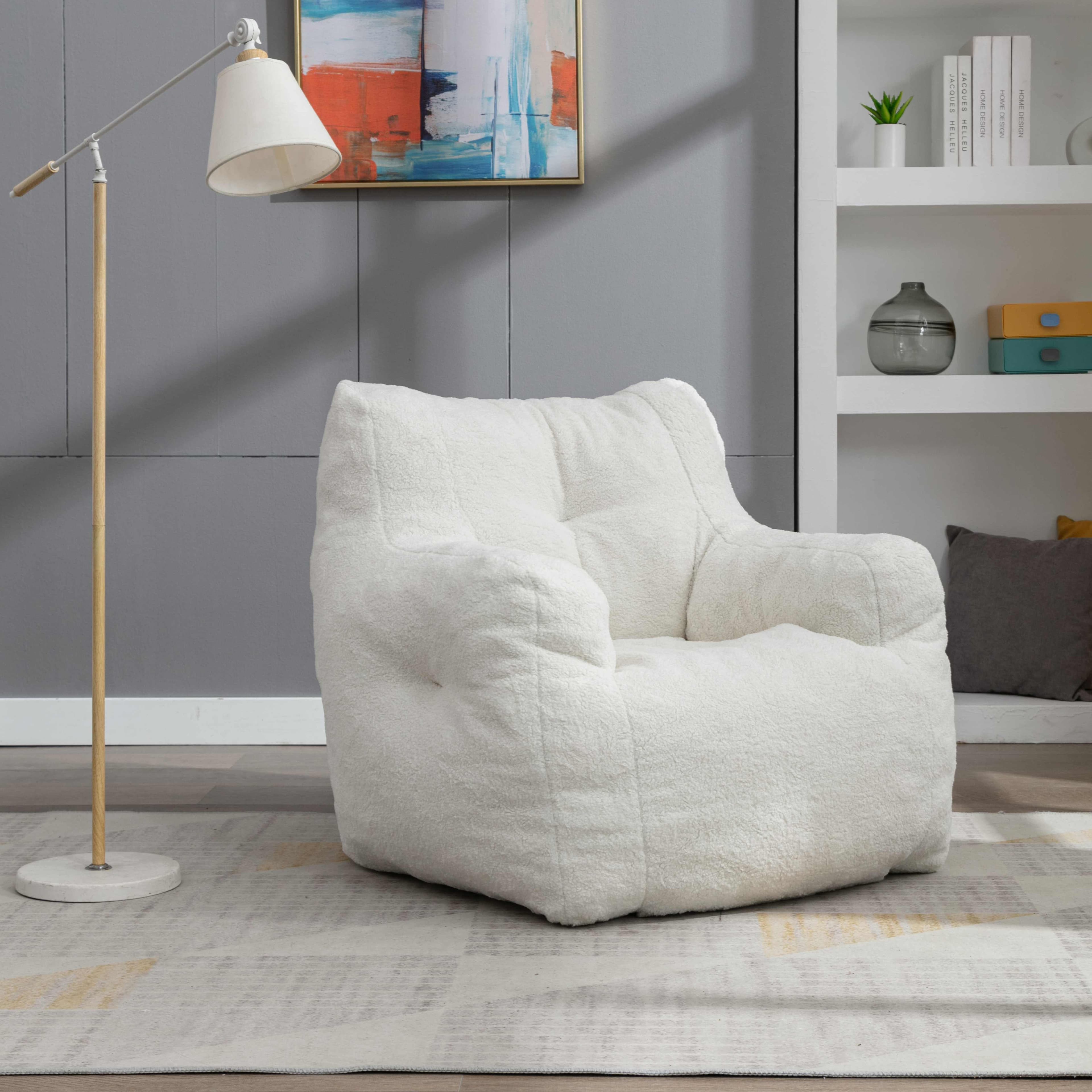Soft Tufted Foam Kids Chair with Teddy Fabric, Bean Bag Chairs, Comfy Lazy Sofa for Living Room and Bedroom, 100x94x70 cm, White Teddy | Aosom UK