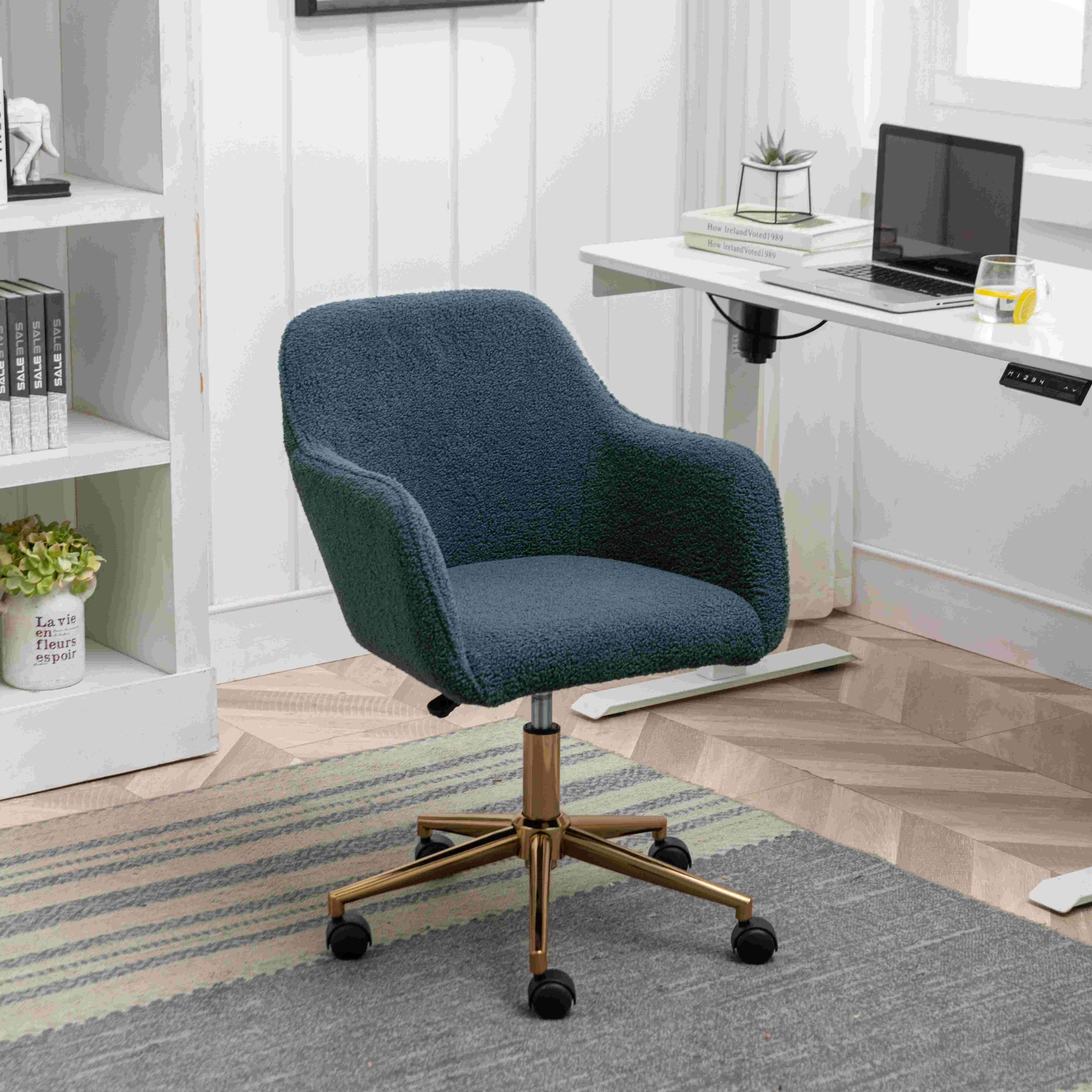 Swivel Desk Chair, Adjustable Height, Ergonomic Backrest, Gold Legs, Stylish Vanity Chair with Arms, 58x58x86 cm, Green | Aosom UK