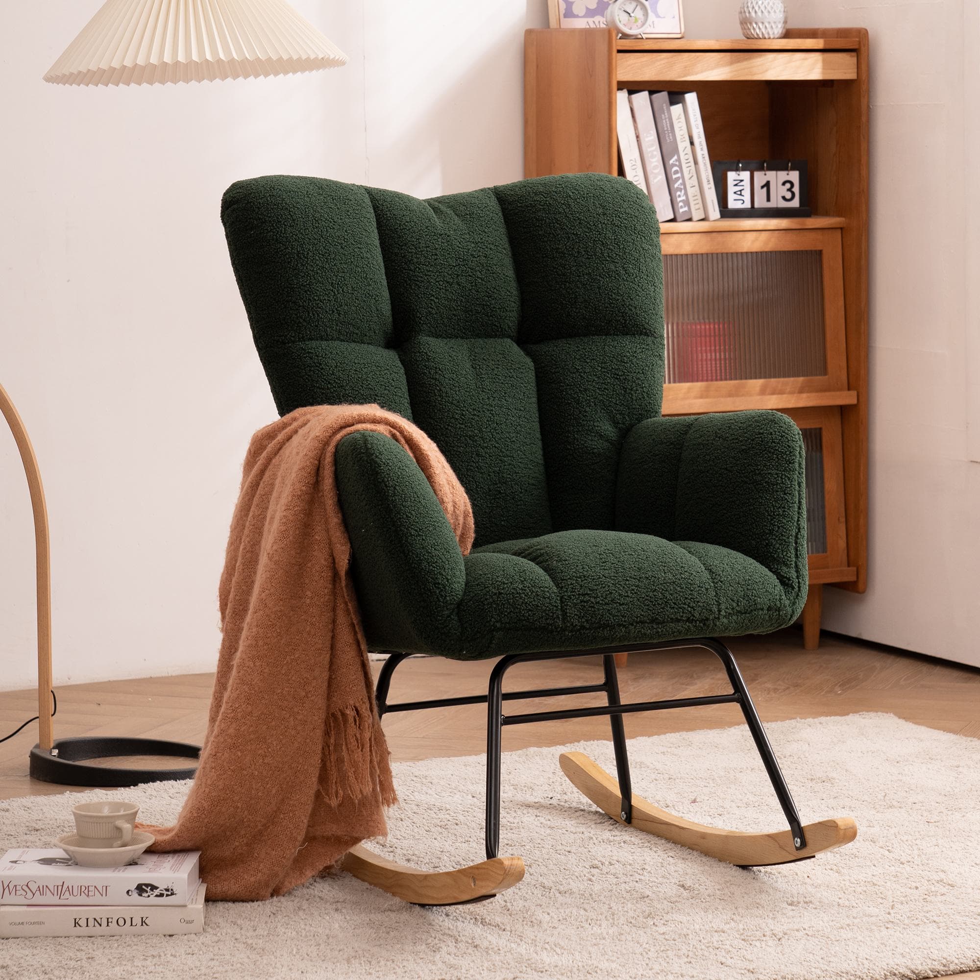 Teddy Fabric Modern Rocker with Padded Seat and Metal Base, Tufted Upholstered Comfy Chairs for Outdoor, Indoor, 80x70x95 cm, Dark Green | Aosom.UK