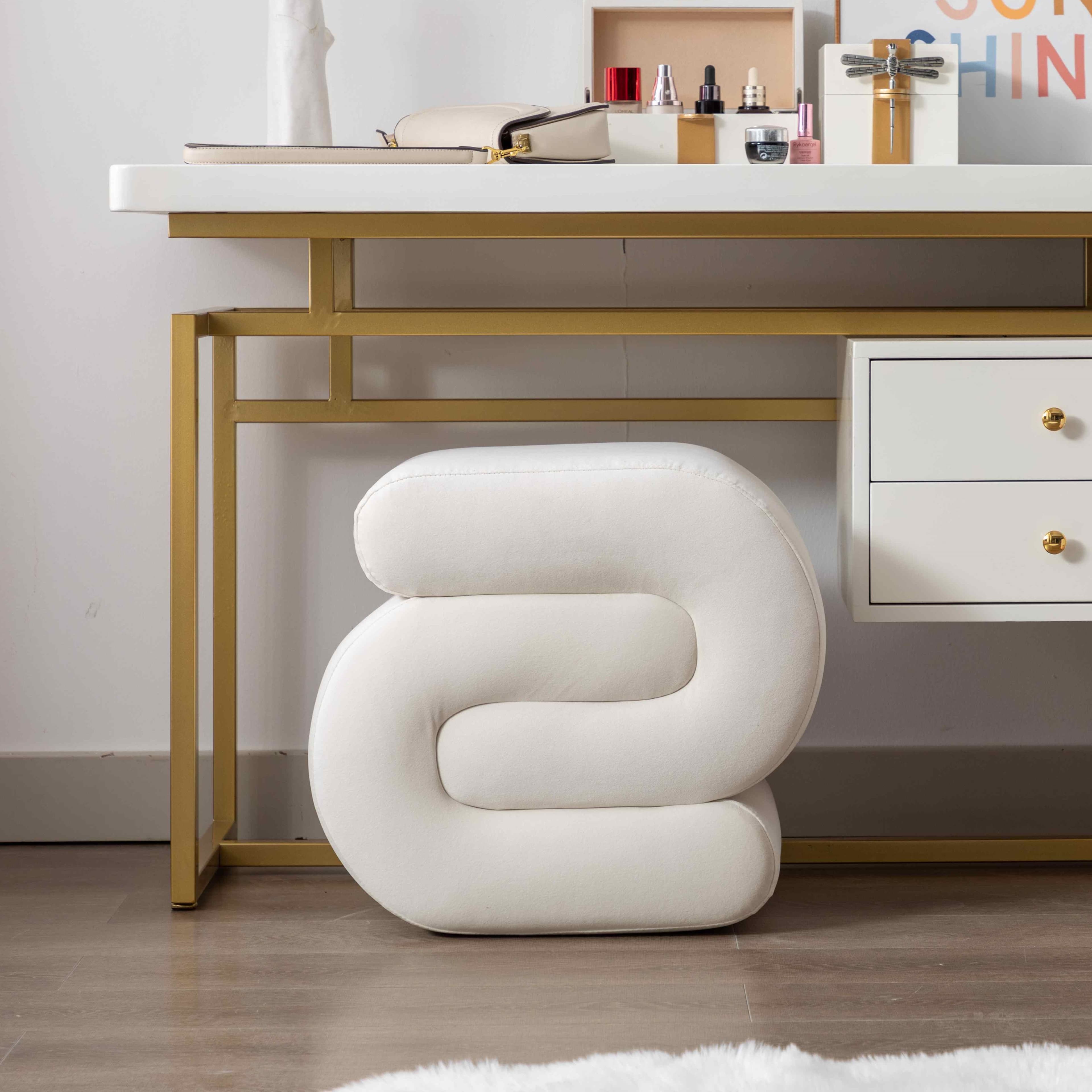 S-Shape Pouffe Footstool with No Assembly Required, Easy maintenance, Vanity Wavy Stool for Bedroom, Living Room, 50×46×46 cm, Ivory | Aosom UK