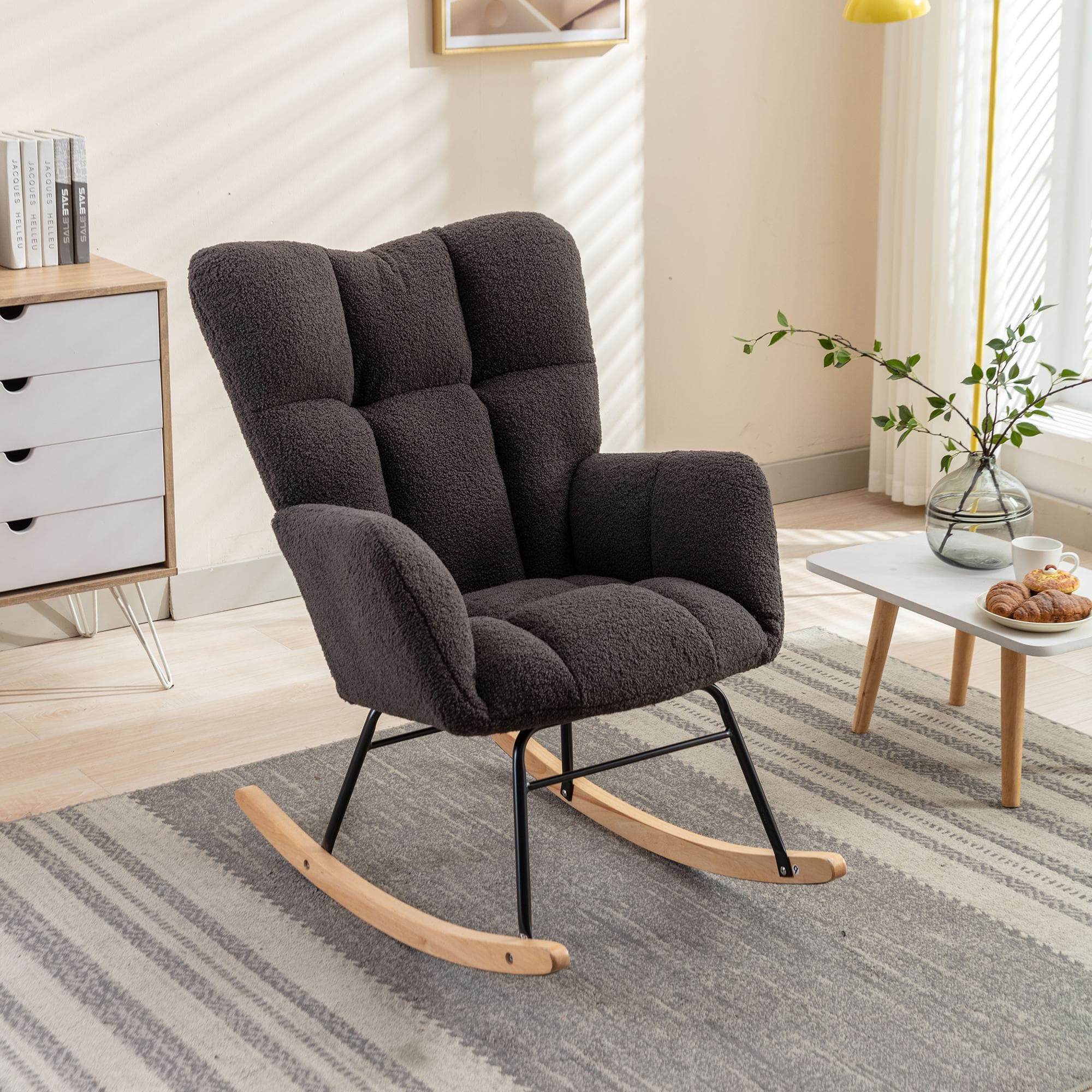 Mid Century Modern Rocking Chair with Padded Seat, Wingback Armchair with Ergonomic Backrest, 80x70x95 cm, Dark Grey | Aosom UK