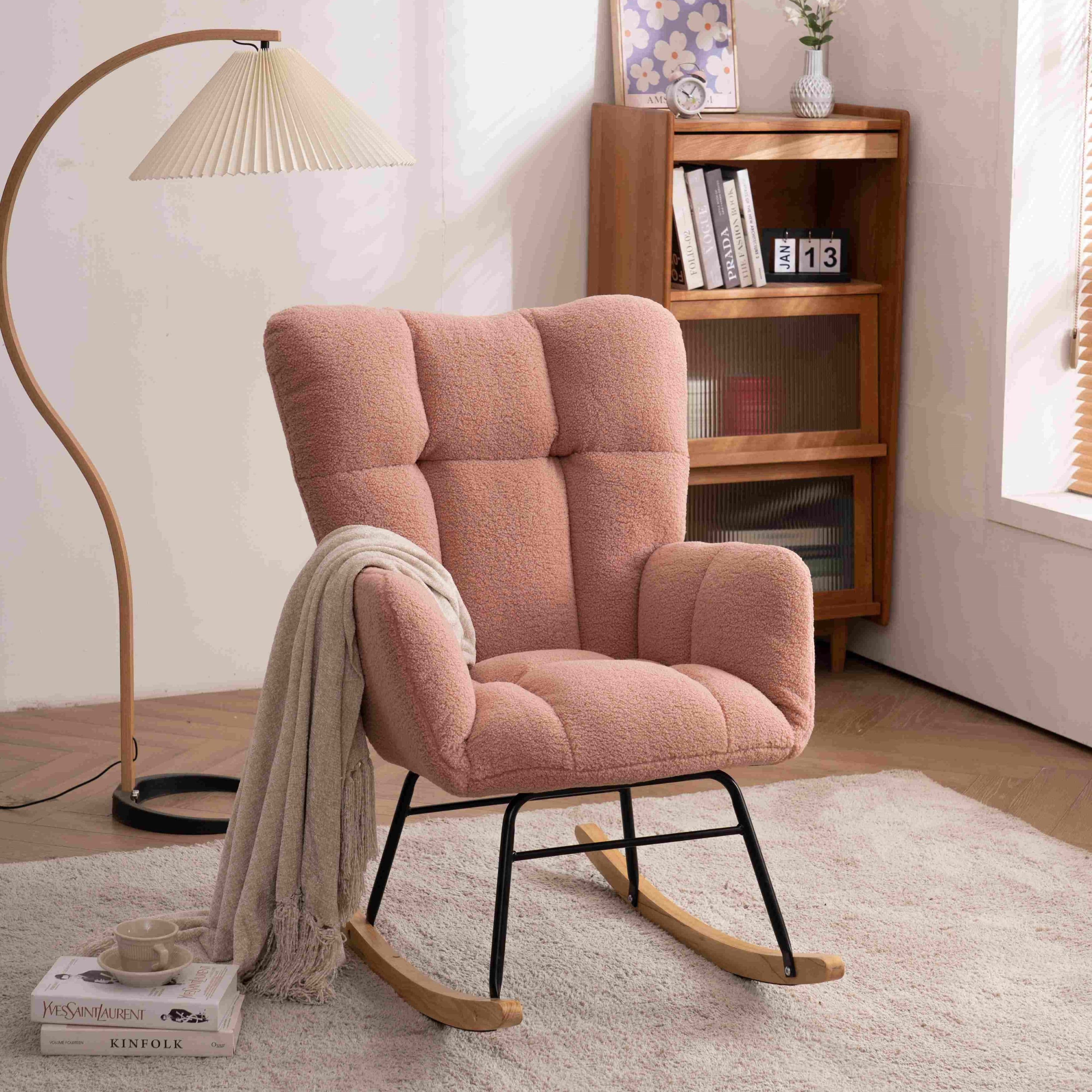 Teddy Fabric Modern Rocker with Padded Seat, Metal Base, Tufted Upholstered Rocking Comfy Chairs for Outdoor, Indoor, 80x70x95 cm, Pink | Aosom.UK