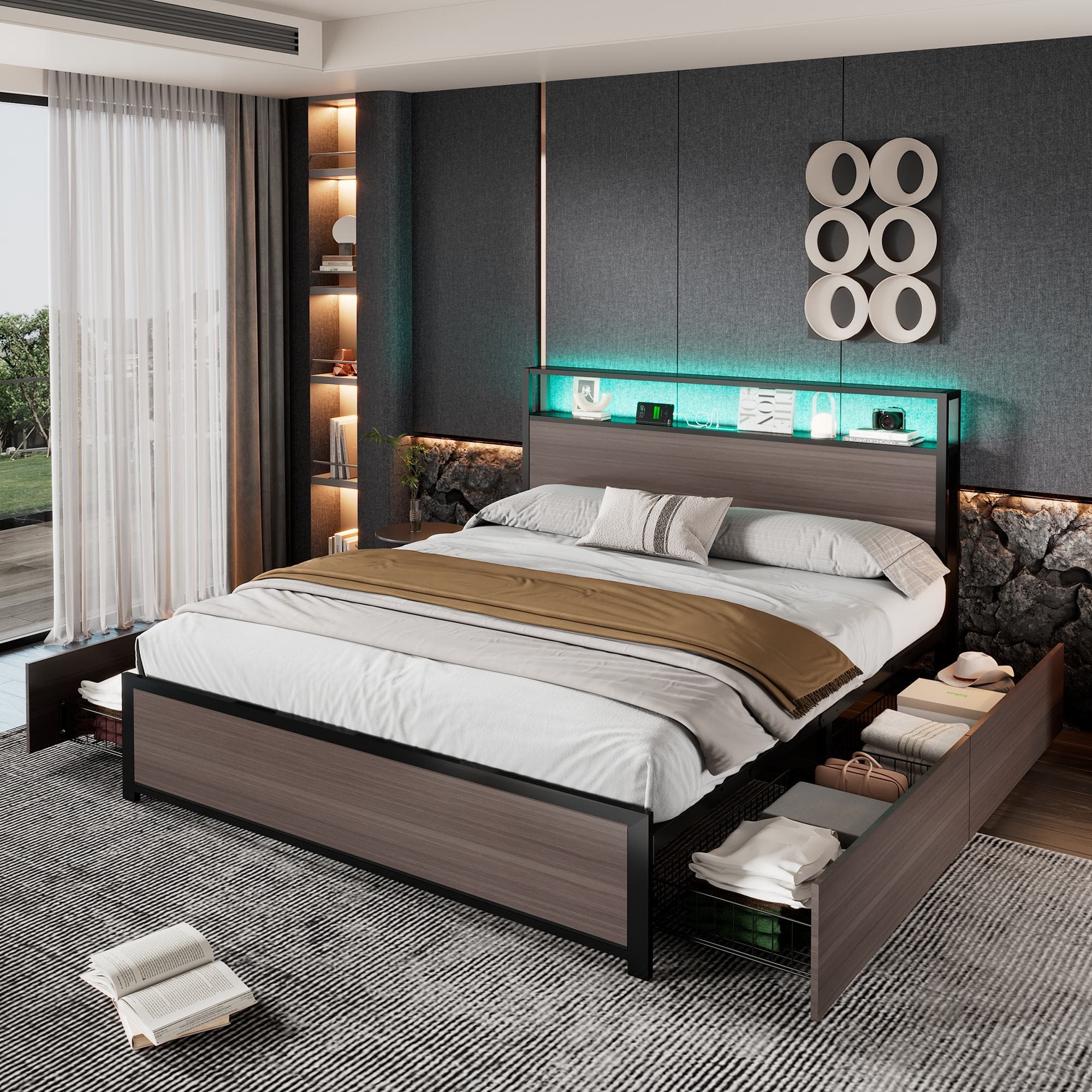Metal Double Bed with LED Light Strip, 4 Drawers, and 3 USB Ports, , Ideal for Home and Bedroom Furniture, 207x135.5x105 cm, Gray | Aosom.UK